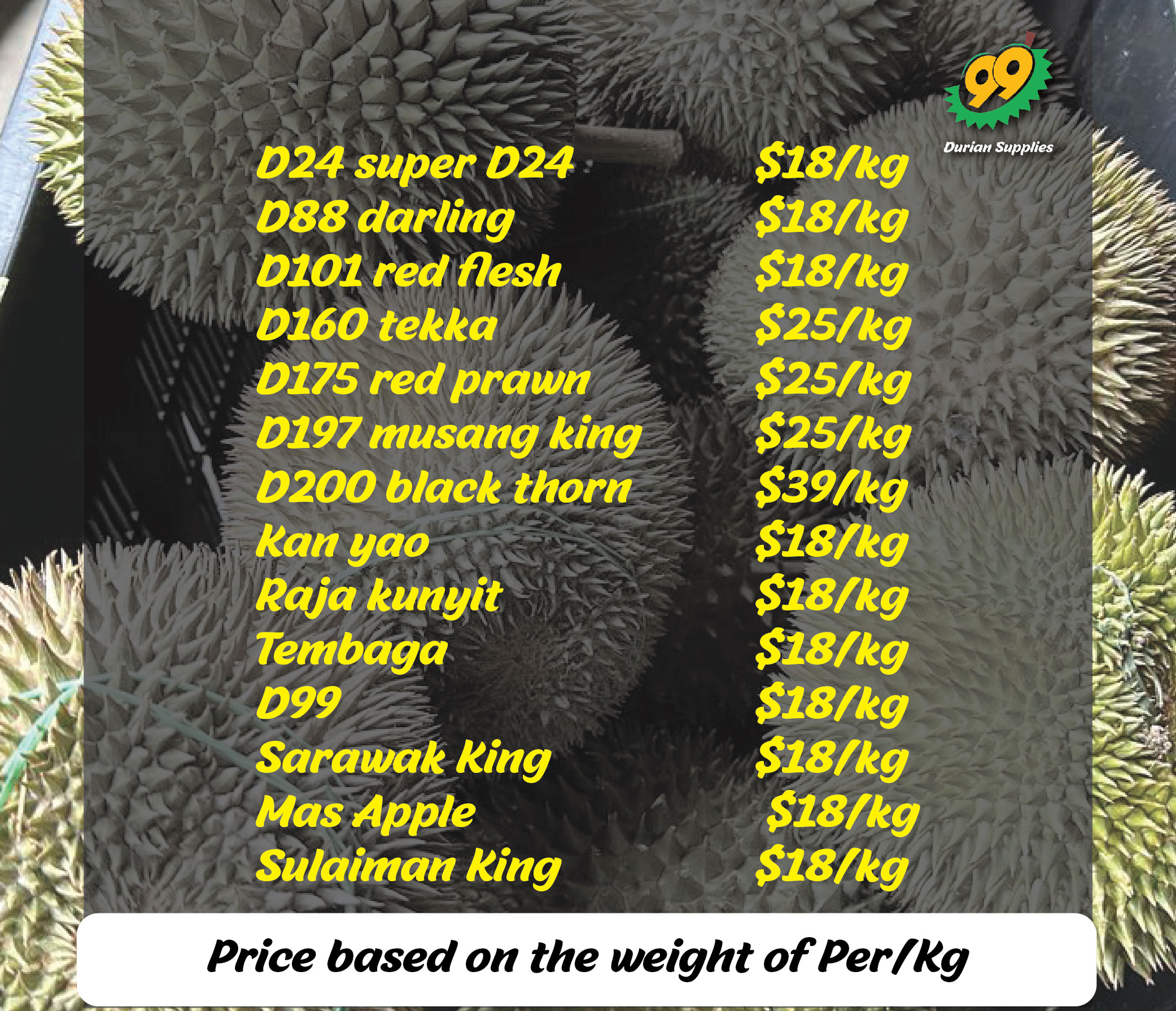 Price list of our Durian
